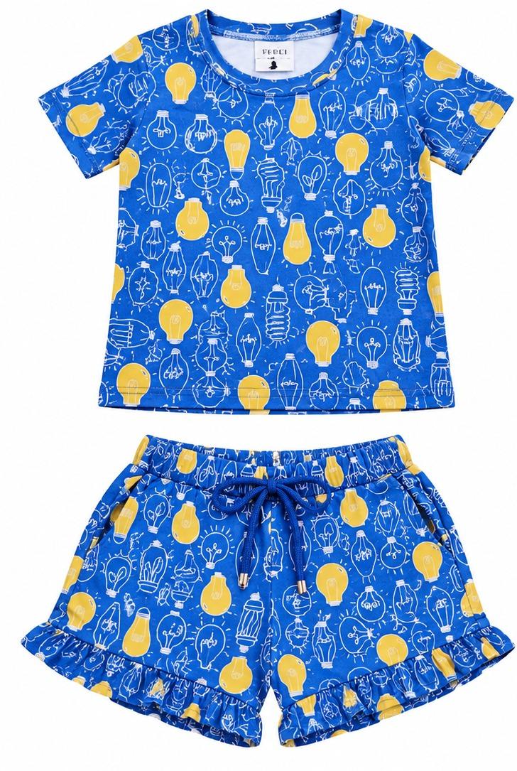 T-shirt et Short bas plissé plissé à Motifs Ampoules – Bleu Roi